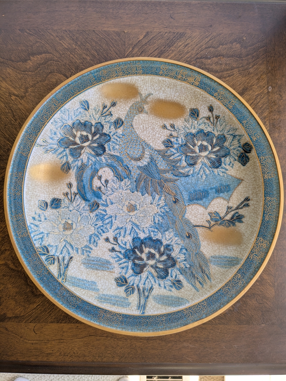 Vintage 12.25" Japanese Satsuma Charger - Gilded Peacock & Peonies